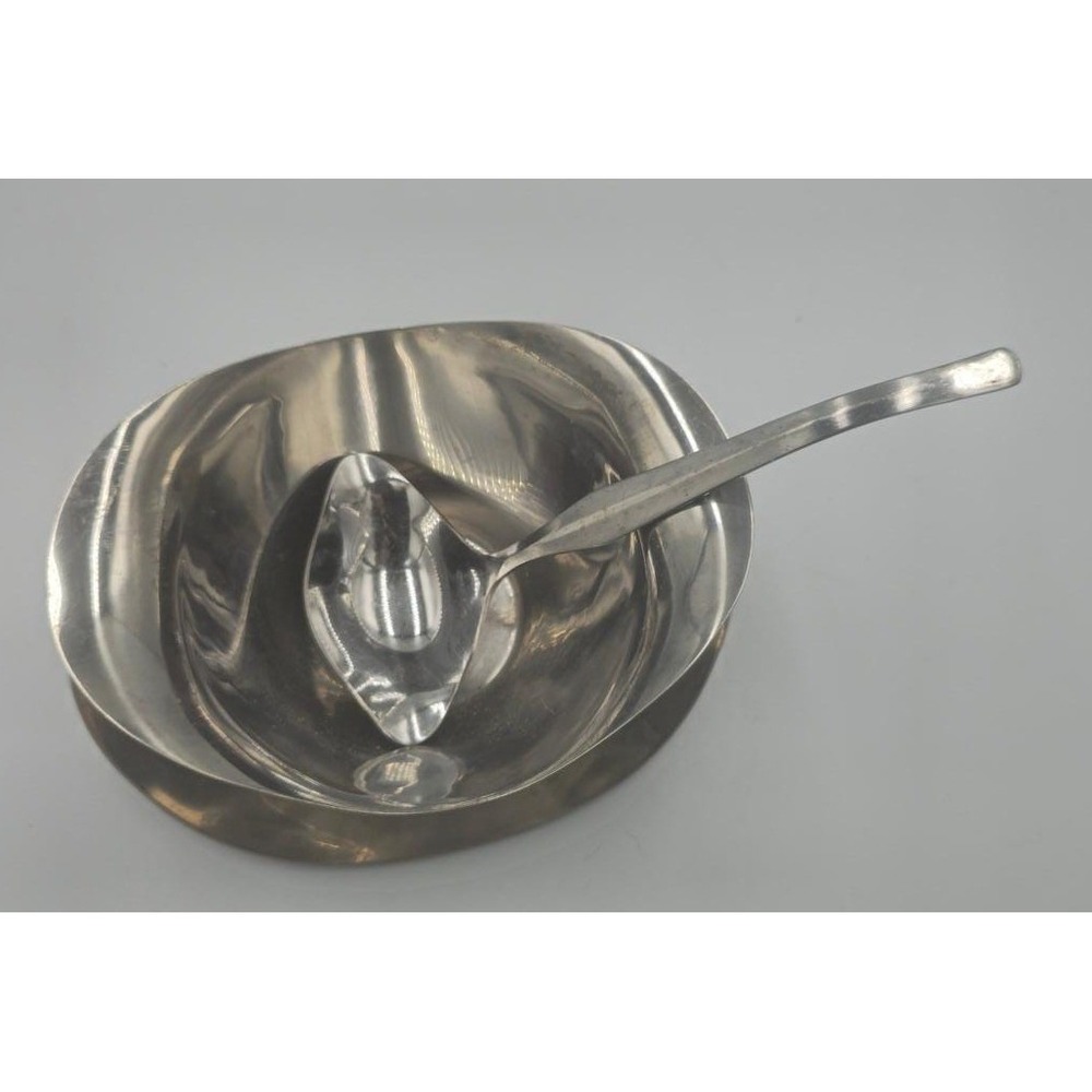 Mid Century Modern Stainless Steel Gravy Sauce Boat Set w Ladle Vtg Japan 1960s